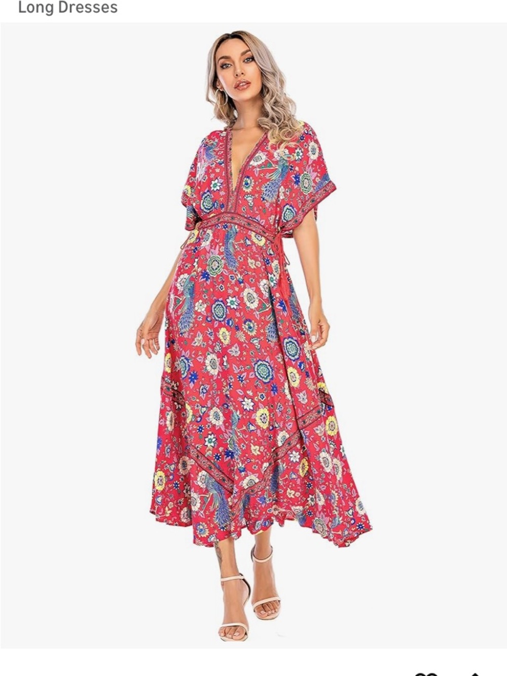 Boho Red Floral V-Neck Maxi Dress with Flutter Sleeves